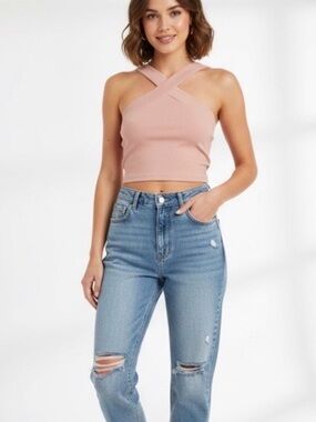 Beige Ribbed Cross Halter Crop Top Y2K Festival Going Out Tank